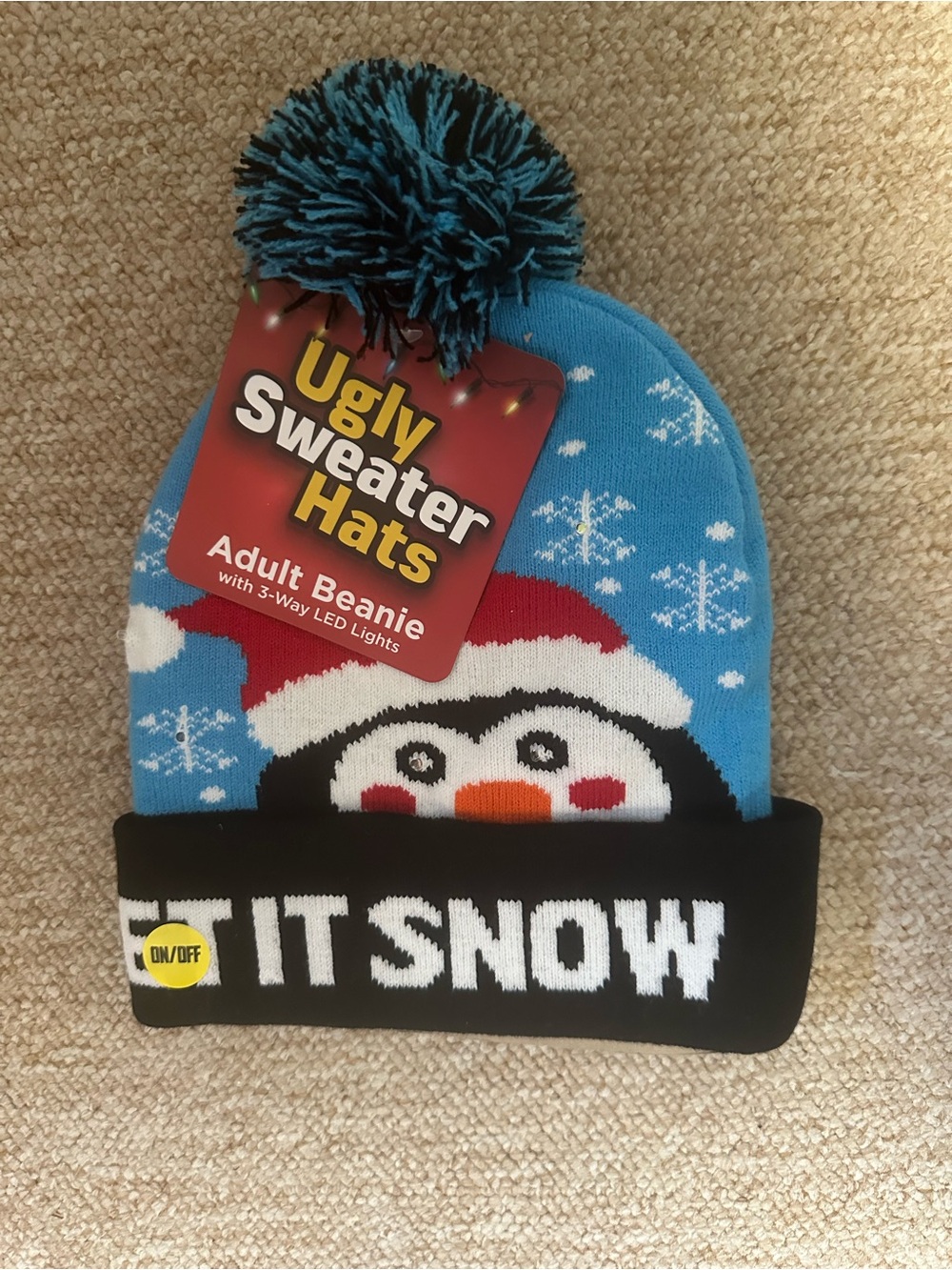 Ugly Christmas Sweater Blue Penguin Pom Pom Beanie Hat